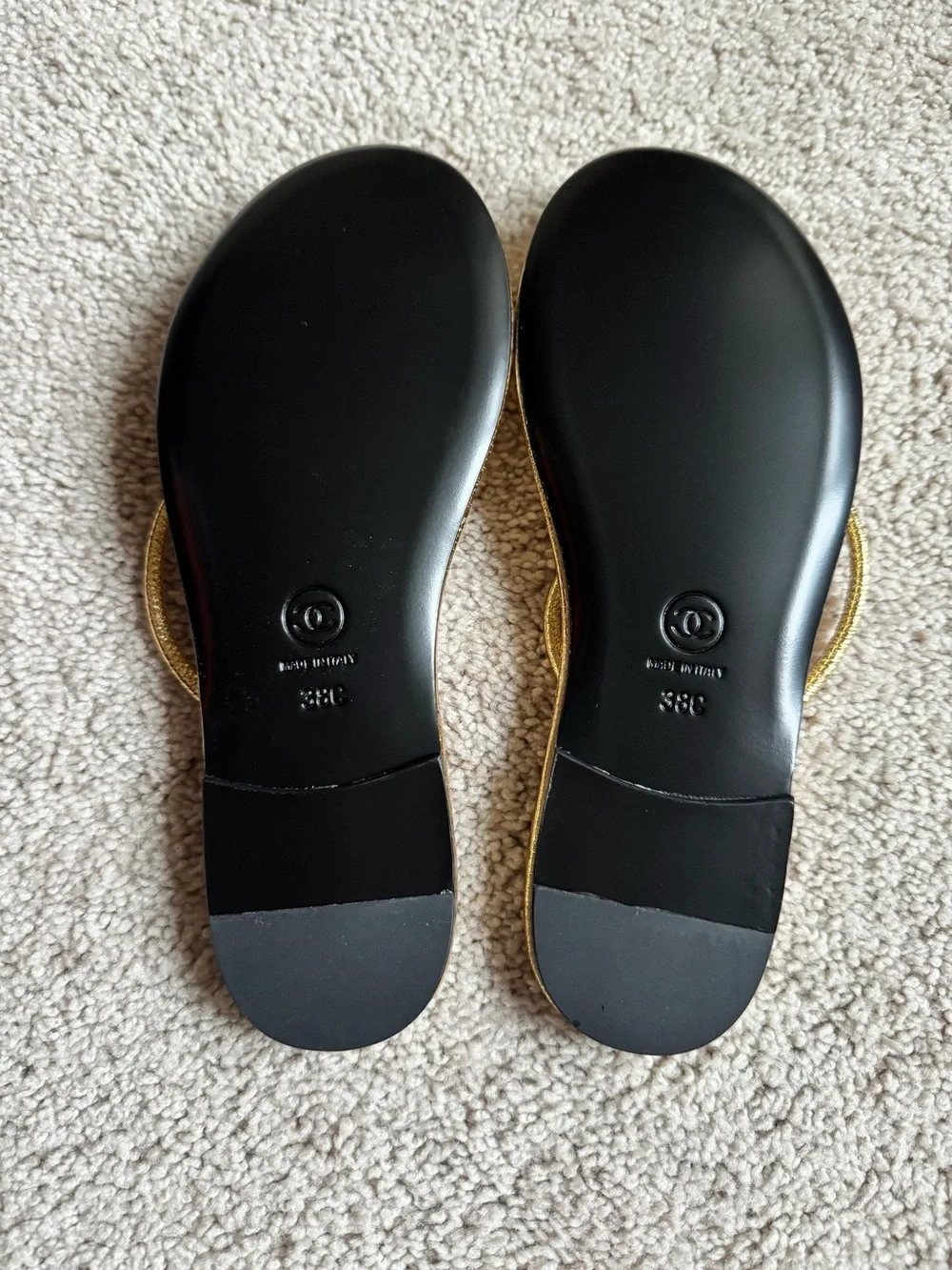 26S Chanel Thong Sandals, Laminated Gold Calfskin, Size 38
